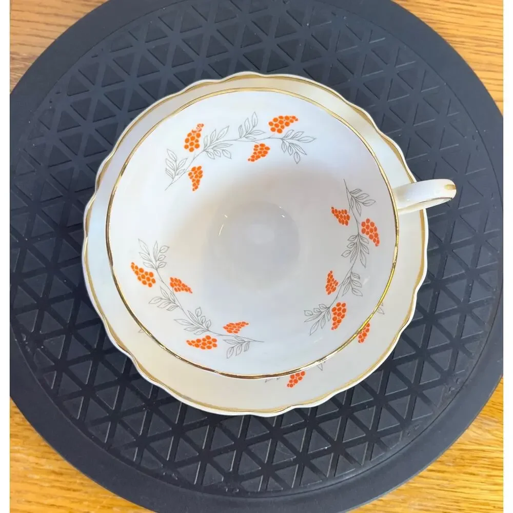Vintage Staffordshire Bone China Cup and Saucer Orange Berries/Grapes Gold Rim